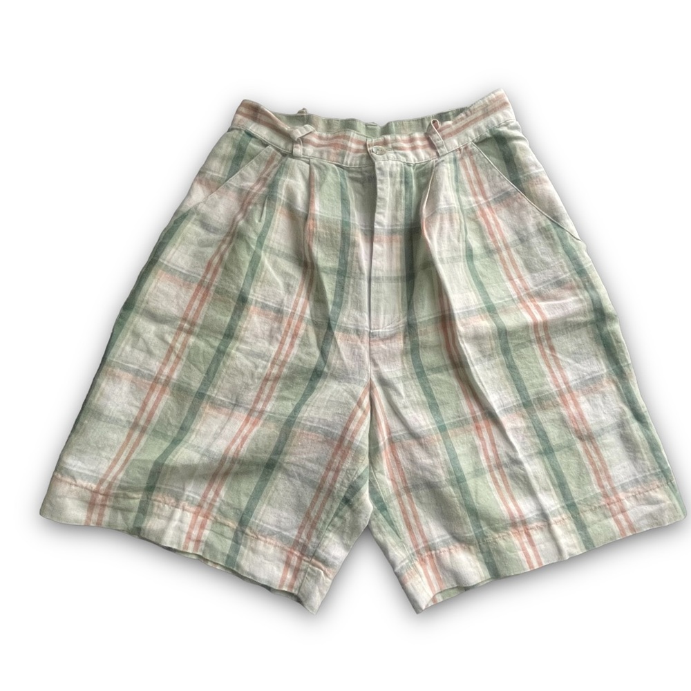 Vintage Bushwacker Green/Cream Plaid High-rise Linen Blend Shorts Women's Size 6